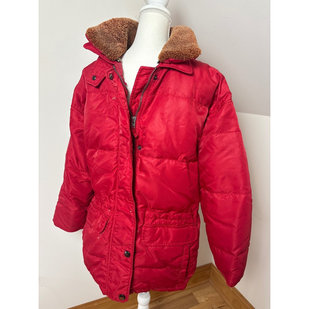 Eddie Bauer Red Puffer Parka Jacket VTG Shearling Collar Mens Medium